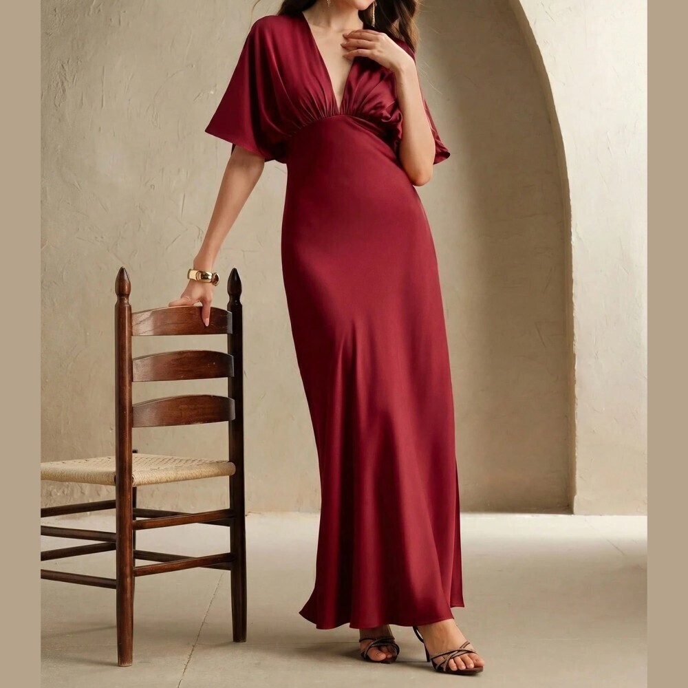 Burgundy Satin Deep V Maxi Dress with Flutter Sleeves - Picture 6 of 7